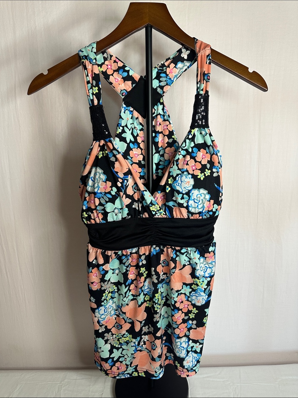 Candie's Black Floral Tank Top with Peach and Mint Accents